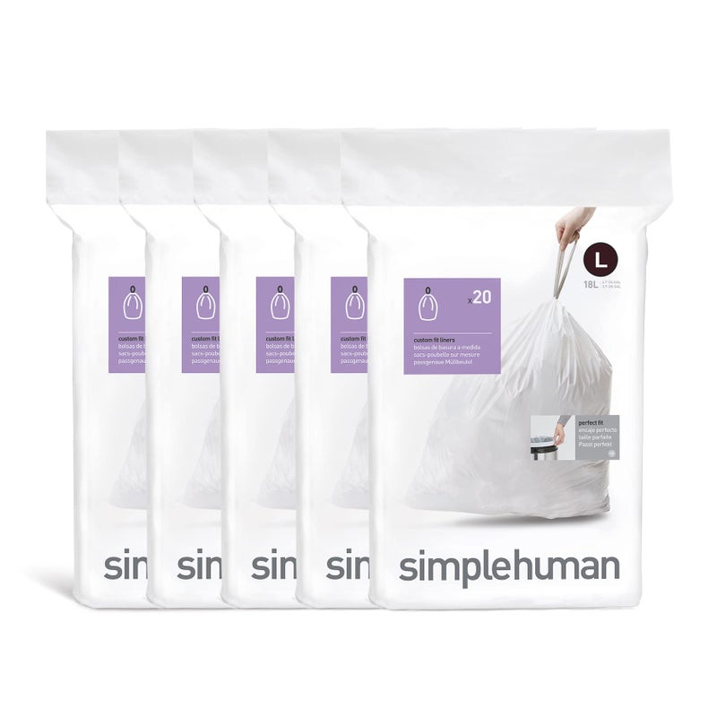 simplehuman بسيط إنسان كود L 100 عد، حزمة موزع بطانات ملائمة مخصصة، أكياس قمامة بحبل سحب، 18 لتر / 4.7 جالون، أبيض - Image 1